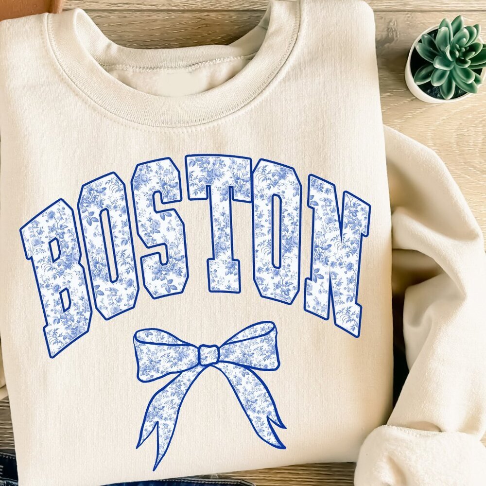 Custom College Merch Sweatshirt Women Blue Toile Floral Print , ANY COLLEGE Name - Picture 5 of 9